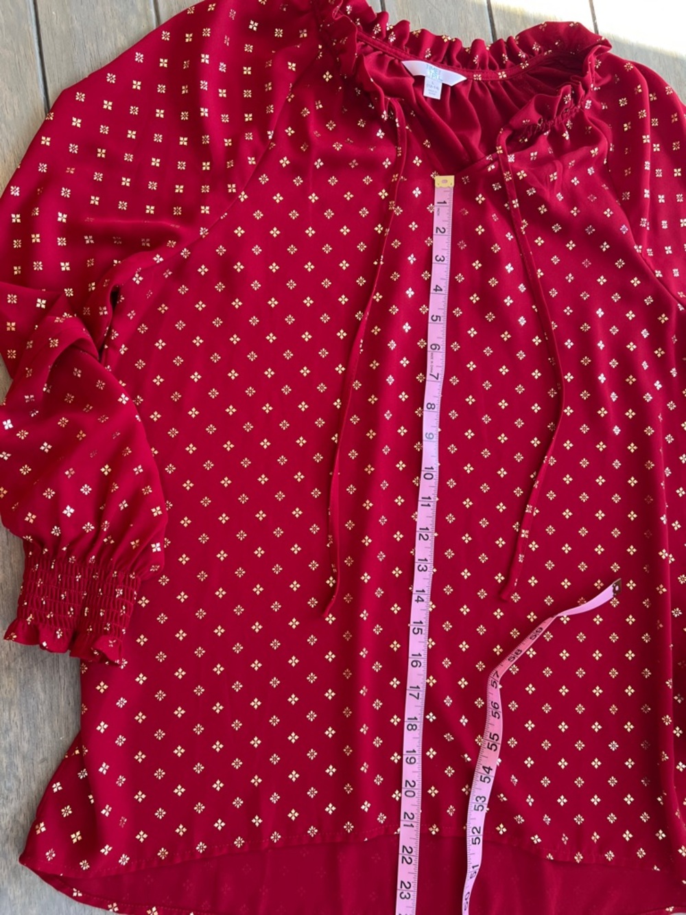 Time and Tru Red Tie-Neck Long-Sleeve Blouse with Gold Dot Print - Picture 11 of 13